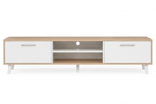 Image of Kumo Engineered Wood TV Unit for Living Room | Modern Entertainment Center with 2 Door Cabinets & Open Storage Shelves | TV Stand for Up to 75 Inch Television | Oak & White Finish | 1800 mm