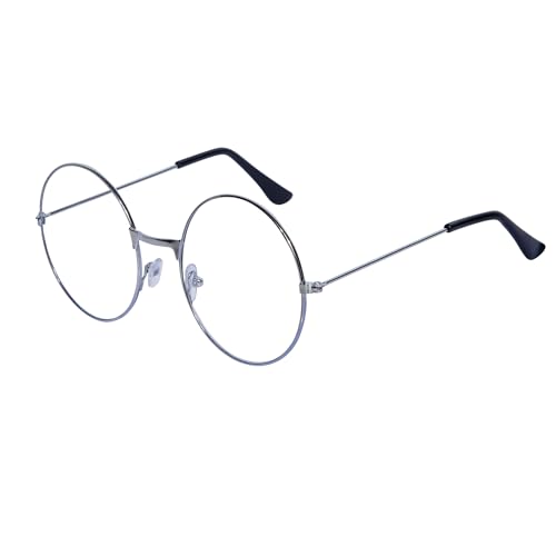 ALVOGIMOR Retro Round Eyeglasses Clear Lens Metal Frame Glasses For Men Women Party Costume Accessories (Silver)