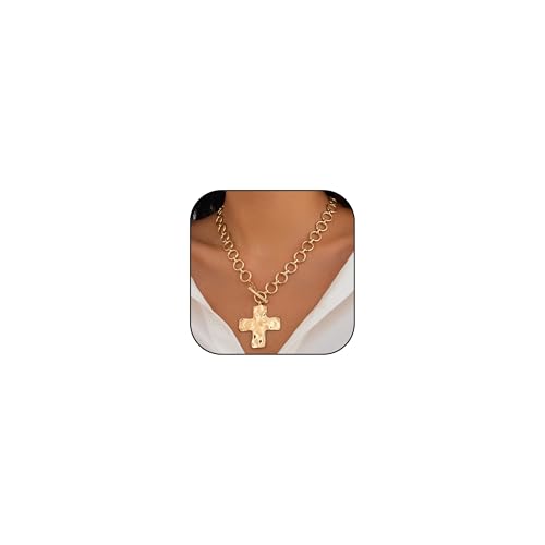 Chunky Cross Necklace for Women Chunky Gold Big Cross Statement Necklace Layering Hammered Bold Necklaces Stacks Toggle Necklaces for Women Stocking Stuffers