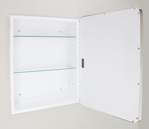 Image of 16x20 Austin Farmhouse Metal Framed Rounded Rectangle Recessed Bathroom Medicine Cabinet, Beveled Mirror, 14x18 in-Wall Opening, powder-coated Steel, Glass Shelves, Magnet Close, Brushed Nickel