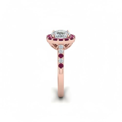 Image of Choose Your Gemstone Round Diamond CZ Square Halo Ring Rose Gold Plated Round Shape Petite Engagement Rings Matching Jewelry Wedding Jewelry Easy to Wear Gifts US Size 4 to 12