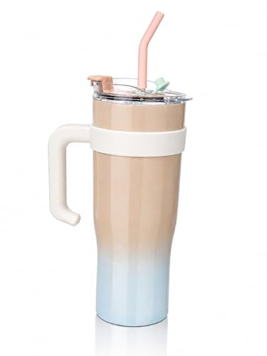 Image of Arova Stainless Steel Insulated Travel Mug 1200ml with Handle & Straw | Double Wall Vacuum Tumbler with Lid | Leak Proof Large Coffee Mug for Office, Car, Gym | Hot & Cold Thermal Cup (Beige)