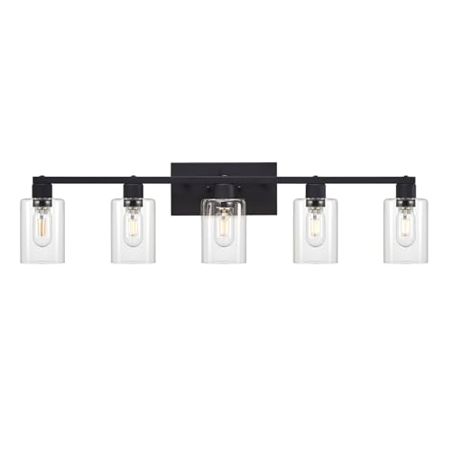Image of 5 Light Vanity Lights for Bathroom, Black Bathroom Vanity Light, Large Vanity Light Fixtures, Bathroom Lighting Fixtures Over Mirror, Vanity Lights with Clear Glass for Bathrrom