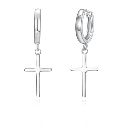 SIMPLGIRL 925 Sterling Silver Cross Earrings- Dainty Light Weight Huggie Hoop Cross Earrings for Women Men