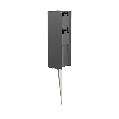 ledscom.de Garten-Steckdosen-Säule POMI mit Erdspieß für außen, IP44, 2-fach, anthrazit, eckig, 23cm