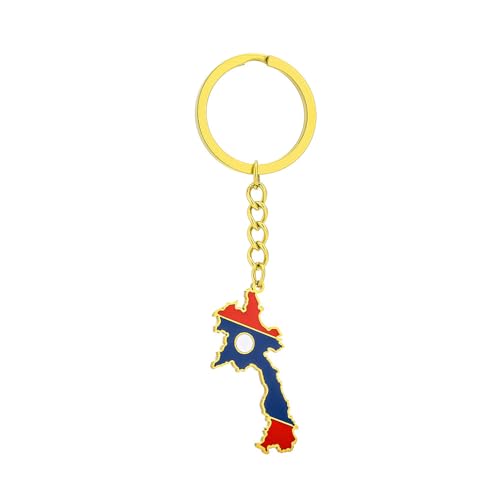 LUTAKU Porte-clés carte et drapeau du Laos pour homme et femme, pendentif carte du Laos, accessoires de bijoux en acier inoxydable, doré, taille unique
