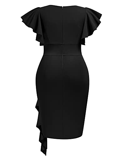 Image of Miusol Women's Plus Size Vintage V Neck Ruffles Sleeve Bodycon Business Cocktail Party Pencil Dress