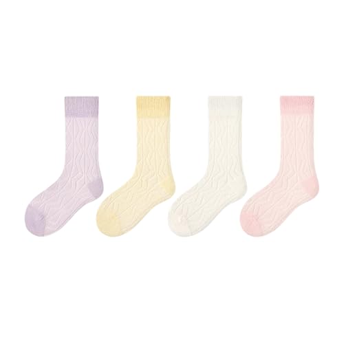 Kids Socks Mid-Calf Ribbed Cuffs Crew Socks Knit Mesh Solid Cotton Classical Socks for Kids 4 Pairs