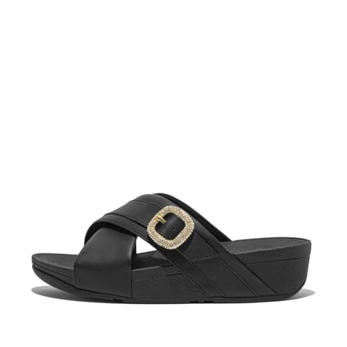 Image of FitFlop Lulu Crystal-Buckle Leather Cross Slides