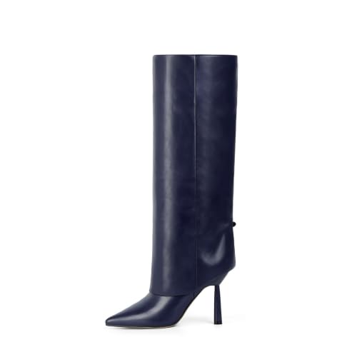 Fold Over Knee High Boots Pointed Toe Stiletto Heel Shark Boots | Knee High Boots for Women with Side Zipper,PU Leather Fashion Eye-catching Tall Boots, Dressy Long Boots.