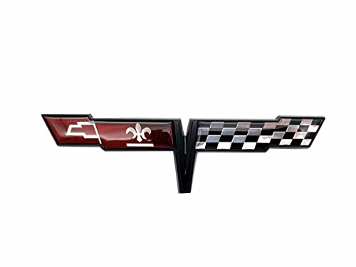 Image of Pair Set 1980 Corvette C3 Front Nose Emblem and Rear Deck Gas Lid 3D Door Deck Crossed Flags Badge Replacement for Corvette (Black Red)