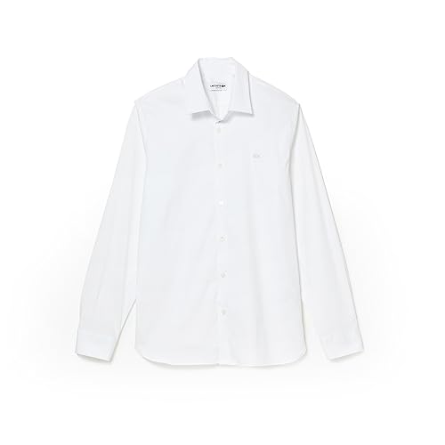 Bottoni in vera madreperla Lacoste Camicia 100% Cotone con Collo, Bottoni, Maniche Lunghe e Logo Uomo, Bianco, L