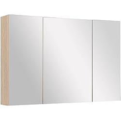 kleankin Armario de Baño con Espejo Mueble Espejo para Baño con 3 Puertas y Estantes Ajustables para Aseo Dormitorio Estilo Moderno 90x60x13,5 cm Roble