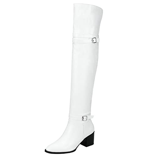 BEAUPAS Women's Chunky Heeled Over The Knee Boots Buckle Block High Heel Thigh High Boots Pointed Toe Shoes