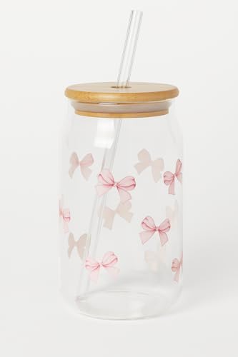 Image of THE UMBRELLA STORE Glass Tumbler Bamboo Lid and Straw, Coffee Tumbler, Reusable Glass (Coquette)