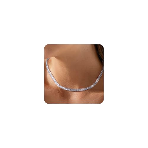 Mesovor Diamond Tennis Necklaces for Women, 18K/White Gold Plated Square Tennis Chain Choker | Bling Cubic Zirconia 3mm 4mm Statement Necklace Jewelry Gifts