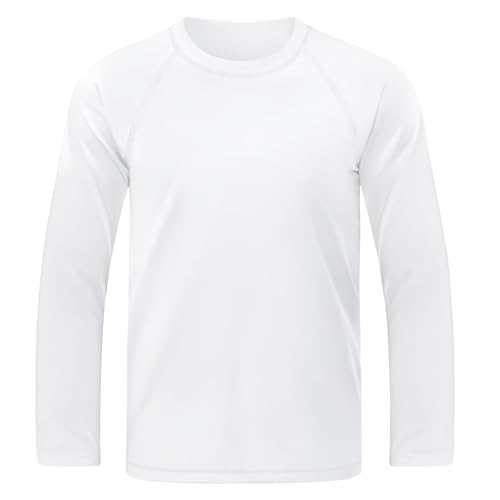 BROWNKNOT Boys UPF 50+ Rash Guard Long Sleeve Swim Shirt UV Sun Protection Swimsuit SPF Water Surfing Sun Shirts for Boy Kids Quick Dry, 14-16 Years (White)