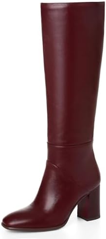 EQAUDES Women's Tall Knee High Boot Fall Burgundy Square Toe Chun...