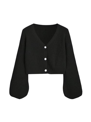 SHENHE Girl's Cardigan Button Down Lantern Sleeve V Neck Knitted Crop Cardigan Sweater