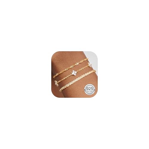 Finrezio 3 Piezas Pulsera de Plata de Ley 925 Pulsera Oro para Mujer Pulseras...