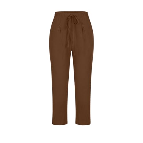 Image of ABABC Linen Capri Pants for Women Casual Straight Wide Leg Capri Pant Loose Lightweight Drawstring Beach Cropped Trousers