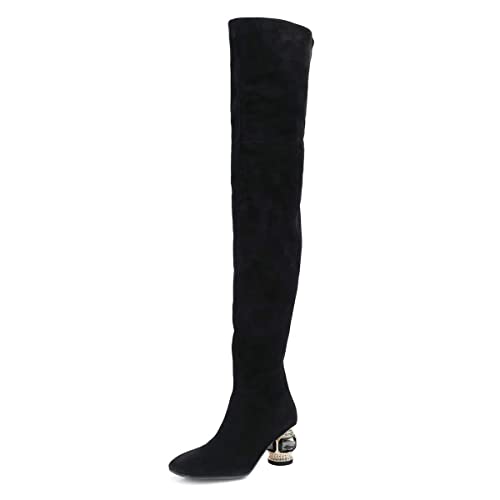 XYD Women Classic Over The Knee Thigh High Boots Square Closed Toe Chunky Block Low Heel Long Boot Suede Side Zipper Ladies Party Club Shoes