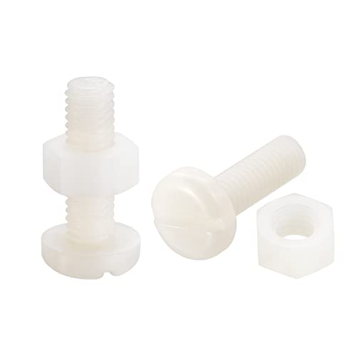 sourcing map 20 Paires Nylon Vis Écrou Assortiment, M6x20mm Fente Tête Cylindrique Vis & M6 Hexagonal Écrous pour Machines, Électronique, Blanc
