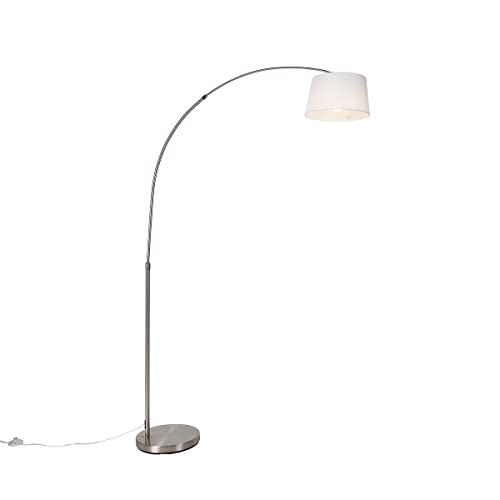 Qazqa Moderno Lámpara de arco inteligente de acero con pantalla de tela blanca con Wifi A60 - Arc Basic Acero/Textil Redonda Adecuado para LED Max. 1 x Watt