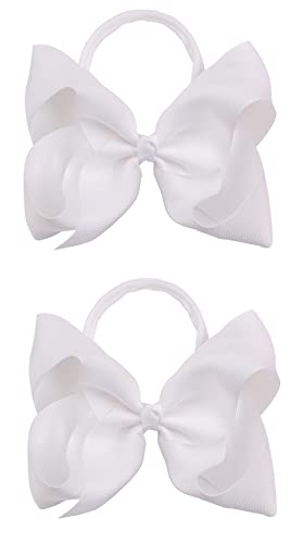 2Pcs 6 Inches Ribbon Baby Girls Headbands Infant Elastic Hairbands Large Cheer Bow Hair Band Accessories for Child Toddlers Girls (White)
