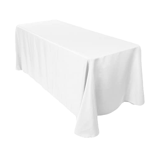 Leading Linens 5-pcs 90" x 156" Inch Rectangular Polyester Cloth Fabric Linen Tablecloth - Wedding Reception Restaurant Banquet Party - Machine Washable - Choice of Color - White