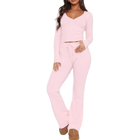 REVETRO Lounge Sets For Women Sexy V Neck Pajama Set Long Sleeve Shirts 2 Piece PJ Set Y2k Workout Sets GYM Tracksuit Pink XL Cover