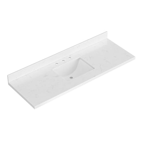 ARIEL 60 inch Bathroom Vanity top with Sink, 1.5 Inch Thick Miter Edge Carrara White Quartz top, Rectangle Single Porcelain Sink, Includes Backsplash