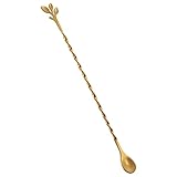 AnSaw Gold 10-Inch Stainless Steel Cocktail Spoon with Leaf Handle - Perfect for...