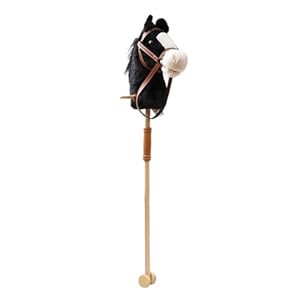 Plush Horse Riding Stick,Hobby Horse on A Stick, Sturdy with Realistic Sound Effects Wooden Pole for Kids 3 Years+, Black with Roller