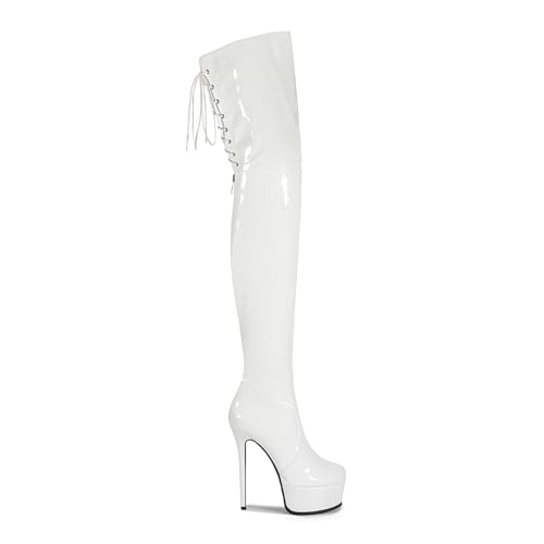 Image of Shiny leather Thigh high boots for Women Stiletto heel Platform Over the knee Round toe back zipper Sexy Front Strappy high heel Cosplay Custume unisex boots