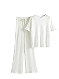 Conjunto de 2 piezas de punto de seda de hielo para mujer, manga corta, ropa de punto hueca, trajes de cintura alta, pantalones rectos acampanados, blanco, XL