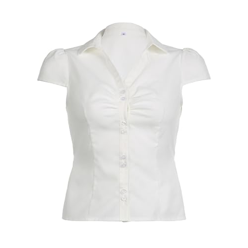 Women's Basic Button Down Shirts Cap Sleeve Lapel Collar Tight Blouse Tie Up Back Slim Fit Tops Summer Office Shirt (A-White, S)