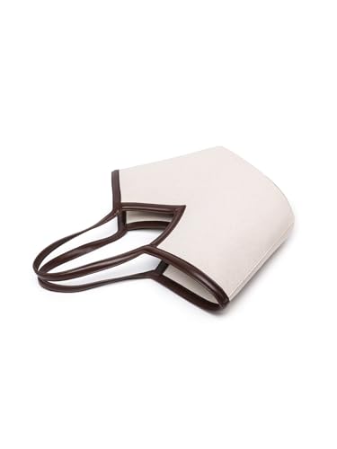 Bolsa tote de lienzo con monedero a juego, ribete de cuero marrón, diseño en V, beige miniatura 4