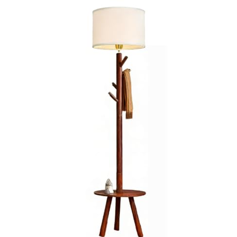 qzjijosen 3-in-1 Coat Rack Stand and Floor Lamp with Shelves, Standing Lamp with 4 Hooks, Linen Shade, 3 Color Temperatures for Smaller Spaces, Small Apartment, Bedroom or Entryway