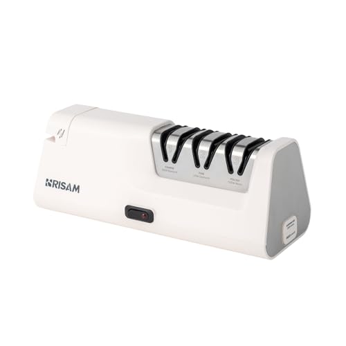 Messerschärfer elektrisch – 2-Stufen Schleifsystem – Messer schärfen für Küchenmesser & Keramikmesser – Sichere Anwendung dank Winkelhilfe – Profi Messerschleifer elektrisch (Weiß)