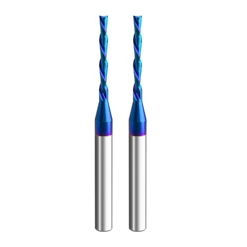 Image of 2PCS CNC Spiral Router Bits with Nano Blue Coating 1 /4 Shank Down Cut 1 /8 inch Cutting Dia. 3 inch OVL. Solid Carbide Spiral Plunge Router Bits for Wood Carving Engraving Grinding Grooving