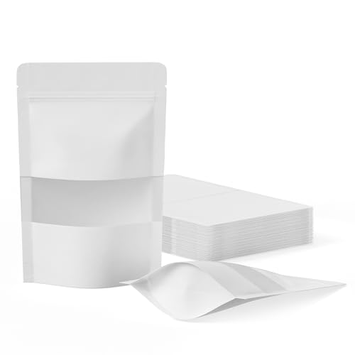 FireKylin 100 Pcs Resealable Bags, Inner Size 3.3" x 3.5" (Outer Size 3.9" x 5.9") Stand Up White Paper Bags with Matte Window, Zipper Food Storage Bags for Packaging Products, Reusable, Sealable by FireKylin - Used condition - US$12.45