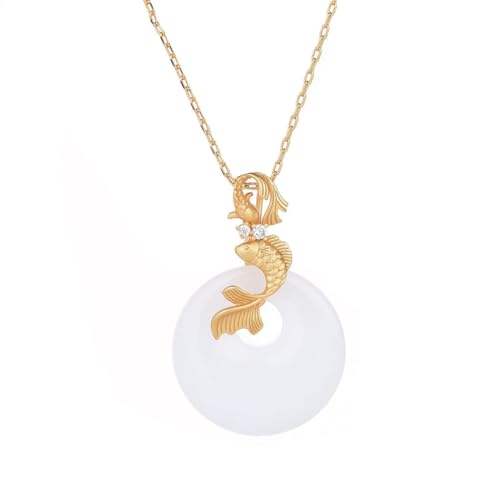 PAMTIER Unisex Alloys Simple Hip Hop Carp Leaping Over the Dragon Gate Simulated White Jade Lucky Signet Pendant Necklace