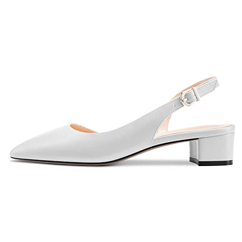 Escarpins slingback bout pointu blanc mat à talon bas chunky style classique - 2