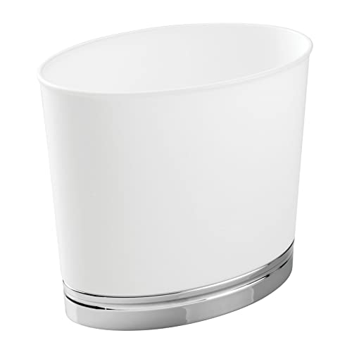 mDesign Oval Slim Decorative Trash Can with Accenting Base, Wastebasket for Bathroom, Bedroom Holds Garbage, Waste, Paper, Recyclables - Hyde Collection - White/Chrome