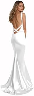 Women's Mermaid Prom Dresses 2025 V Neck Satin Backless Long Formal Evening Gown Plus Size White