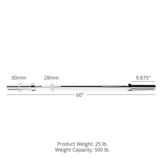 Titan Fitness 60in Olympic Weightlifting Barbell, 500 LB Capacity, 28mm Grip Shaft, Chrome Finish, Bronze Bushings, Olympic-Sized Weight Sleeves