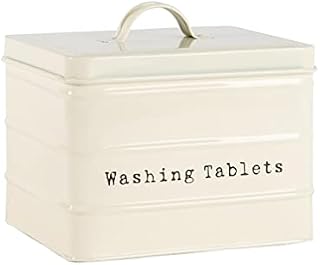 Harbour Housewares Vintage Metal Washing Tablets Storage Tin - Utility Storage Canister - 18cm - Cream