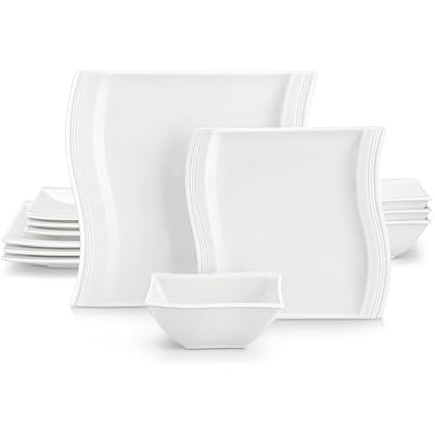MALACASA Plates and Bowls Sets, 12 Pieces Ivory White Dinnerware Sets for 4, Porcelain Dish Set with Dinner Plates, Dessert Plates and Bowls, Square Plate Dinnerware Set, Series Flora Cover