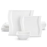 MALACASA Plates and Bowls Sets, 12 Pieces Ivory White Dinnerware Sets for 4, Porcelain Dish Set with Dinner Plates, Dessert Plates and Bowls, Square Plate Dinnerware Set, Series Flora